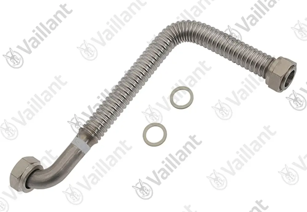 Flexibles Gasrohr von Vaillant mit einer gewellten Oberfläche und zwei Ringen, einem Ende mit einer Sechskantmutter.